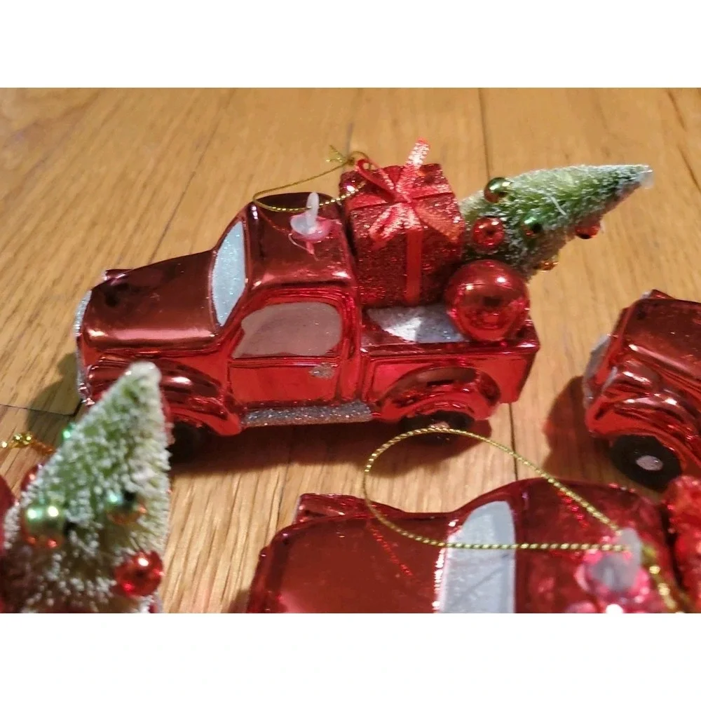 Retro Style Shiny Red Truck Christmas Ornaments Lot Of 5